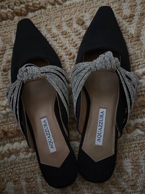 Aquazzura Black Crystal-Knot Slip-On Mules